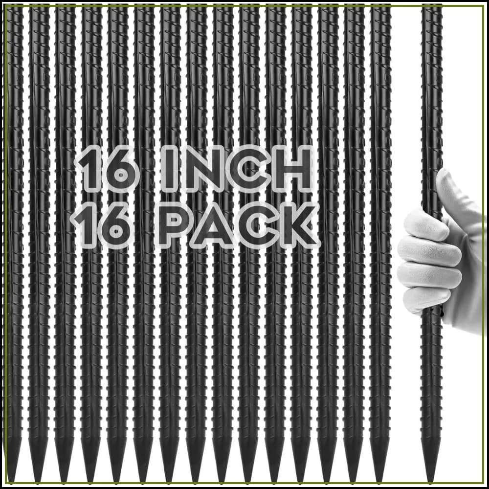 16-Pack Heavy Duty Steel Ground Stakes with Chisel Points for Timber, Concrete, Plant Support, Camping Tents, 3/8" Thick, 16 Inches