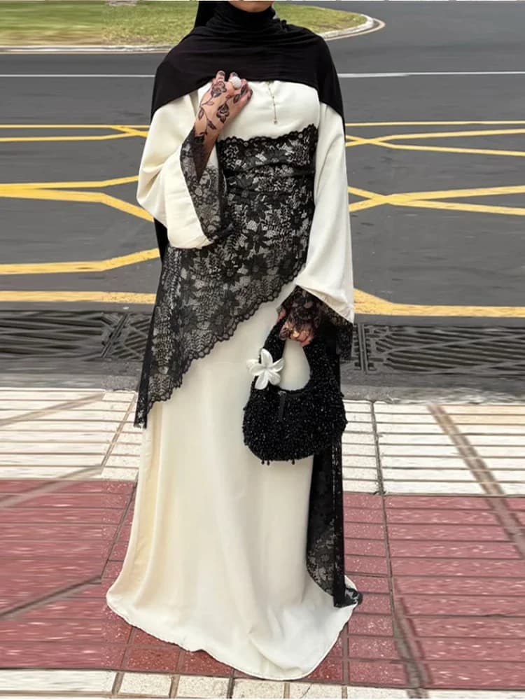 Elegante Abito Lungo da Donna con Inserti in Pizzo, Collo a O, Maniche Lunghe, Allacciatura Frontale, Moda Estiva 2026