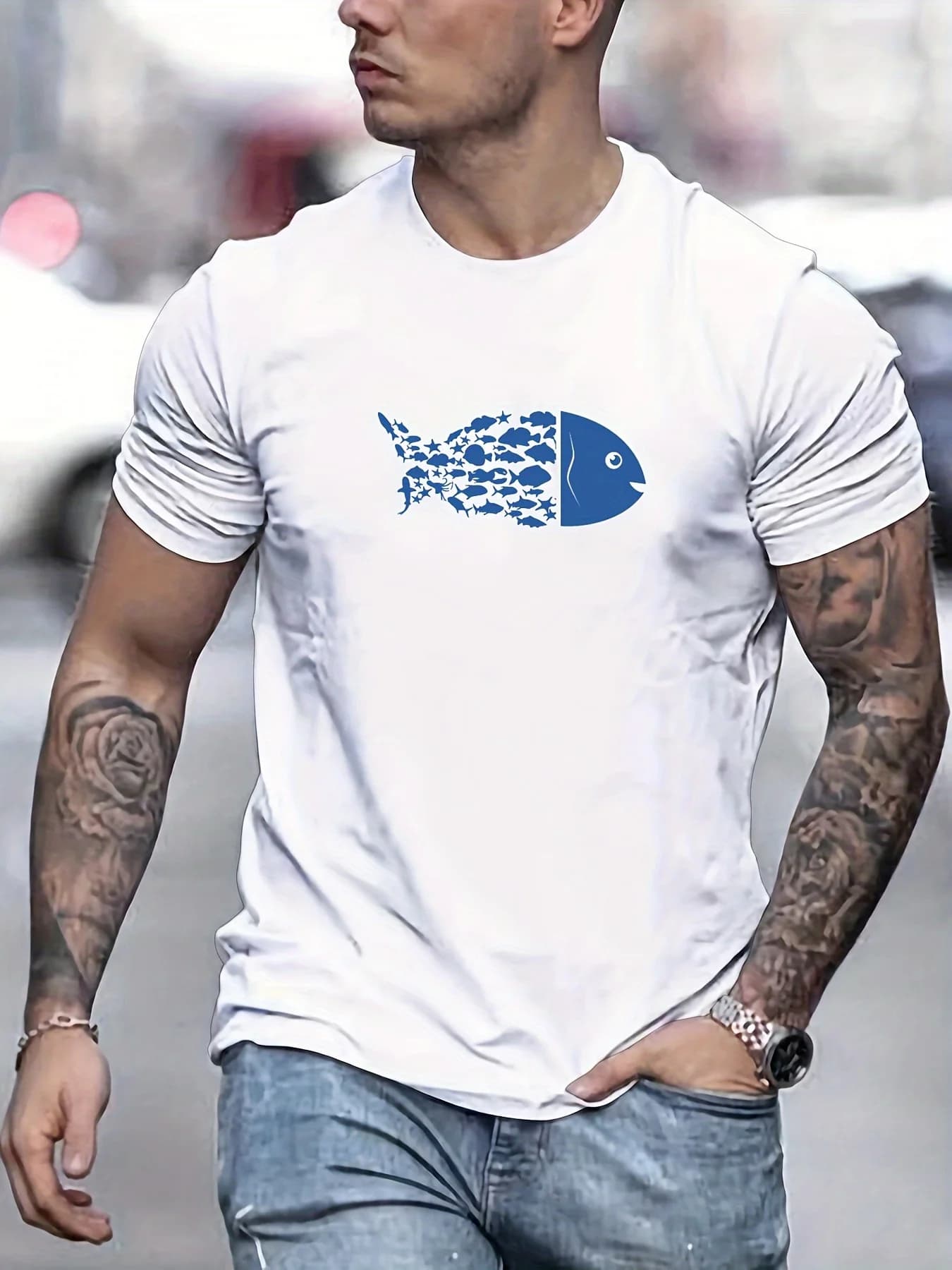 T-Shirt Estiva Unisex con Motivo da Pesciolino a Pesce Grande, Girocollo, Manica Corta, per Streetwear