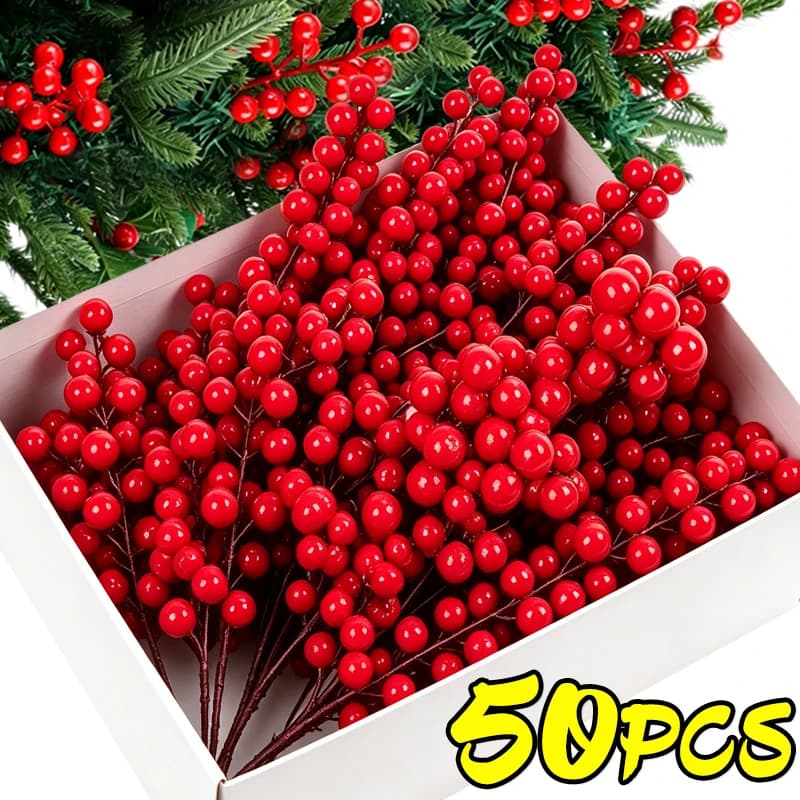 50/1PCS Artificial Christmas Red Berrie Stems Fake Plants Flowers DIY Garland Wreaths Ornaments Xmas Tree Party Table Decoration