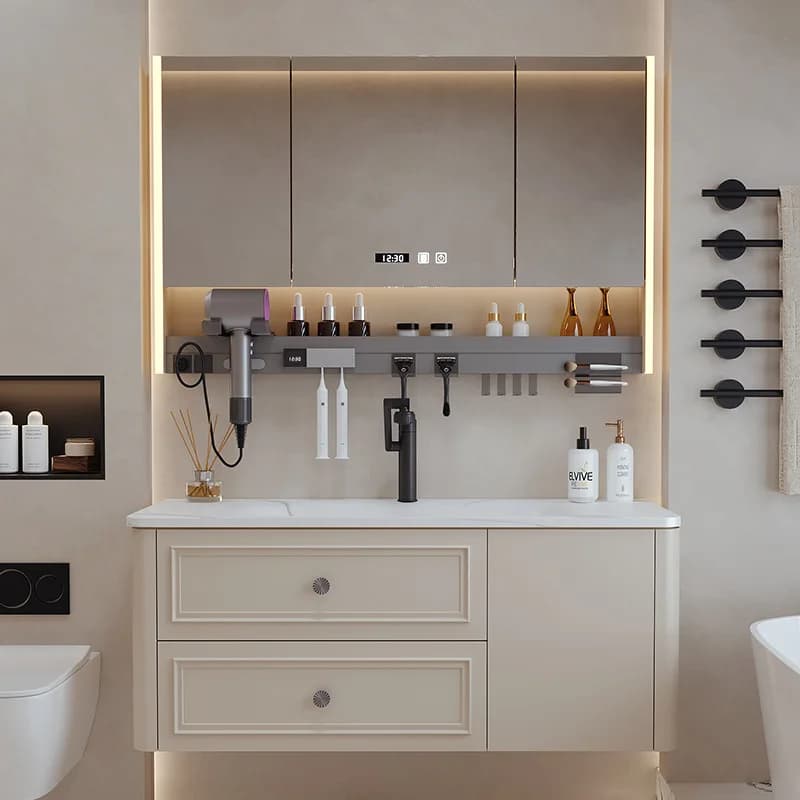 Mobili da bagno moderni per lavabo Armadi da bagno con lavabo integrato con piastra in roccia hot-bent Armadio per mobili con specchio intelligente JT40B