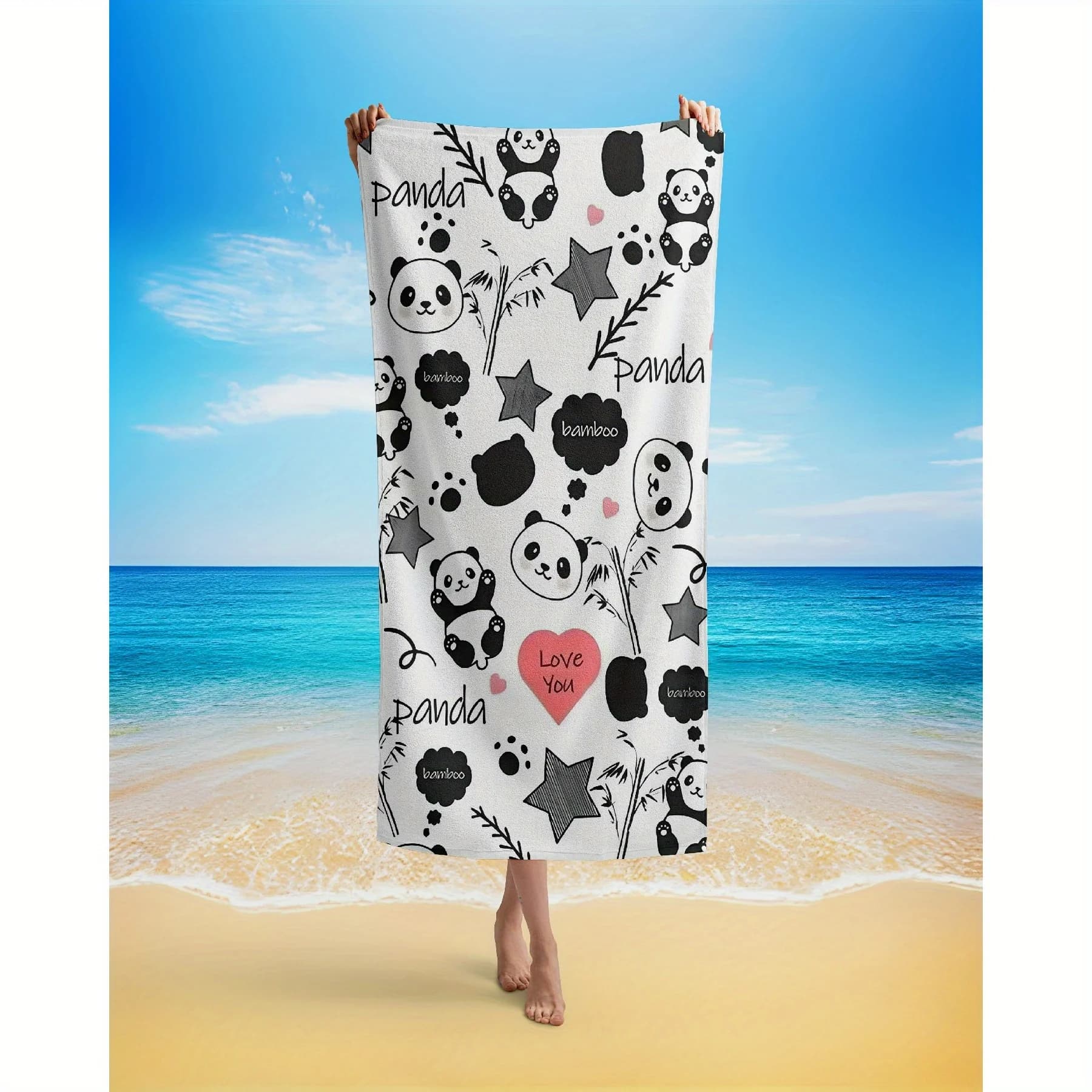 1 x Asciugamano da spiaggia con stampa simpatico panda e stelle - Tessuto in poliestere, lavabile in lavatrice, adatto per yoga, fitness, viaggi