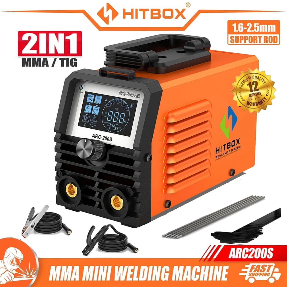 Saldatrice HITBOX ARC200S 2 in 1 ARC MMA LIFT TIG MINI IGBT Inverter con Display Digitale LED, Saldatrice Portatile per Casa 220V 10-200A