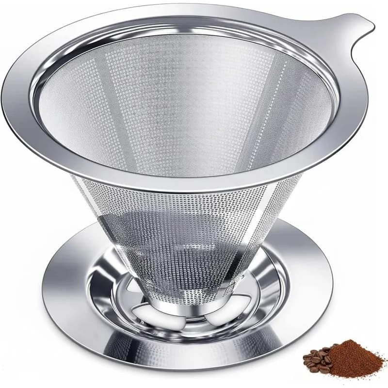 Filtro per Caffè in Acciaio Inox 304, Senza Carta, Manuale, Riutilizzabile, per Caffettiera Singola, da 1-4 Tazze con Supporto
