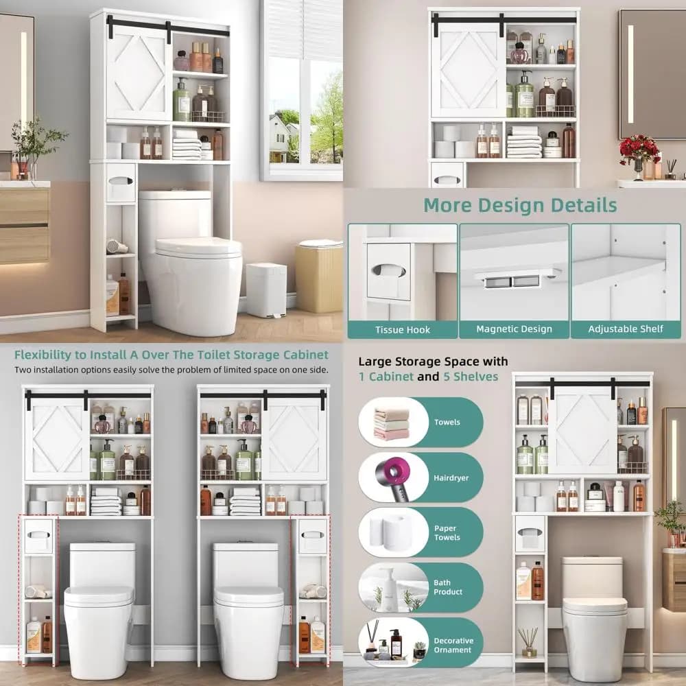 Mobiletto Salvaspazio da Bagno con Anta Scorrevole, Porta Carta Igienica e Scaffalatura Post- WC, Ideale per il Bagno