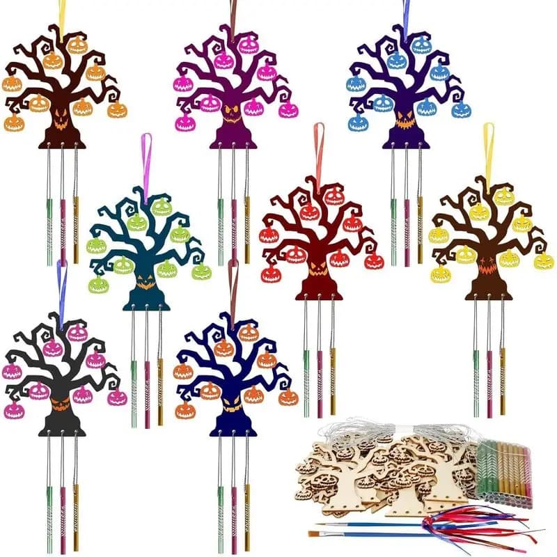 Halloween DIY Wooden Wind Chime Kit, Tree & Pumpkin Hanging Wood Windchime, Handcraft Decoration for Home Outdoor Halloween Part