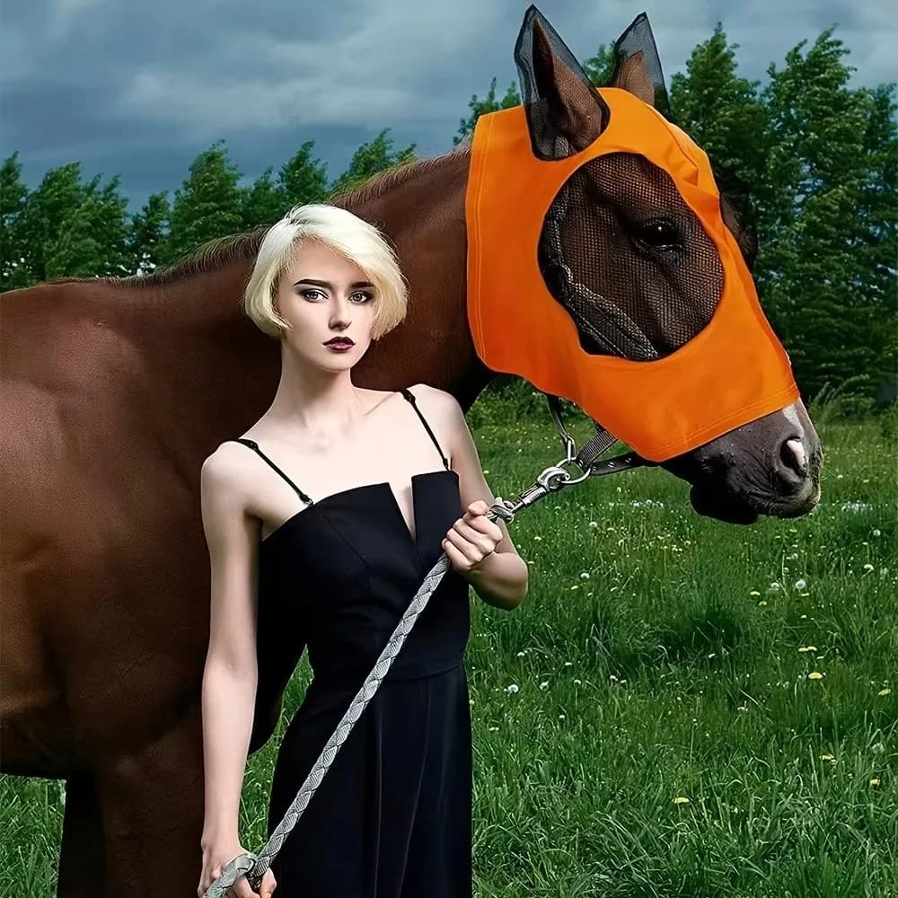 Maschera per Cavalli in Rete Traspirante, Comoda Protezione Solare UV, Maschera Anti-Mosche Multifunzionale, Accessori Equestri
