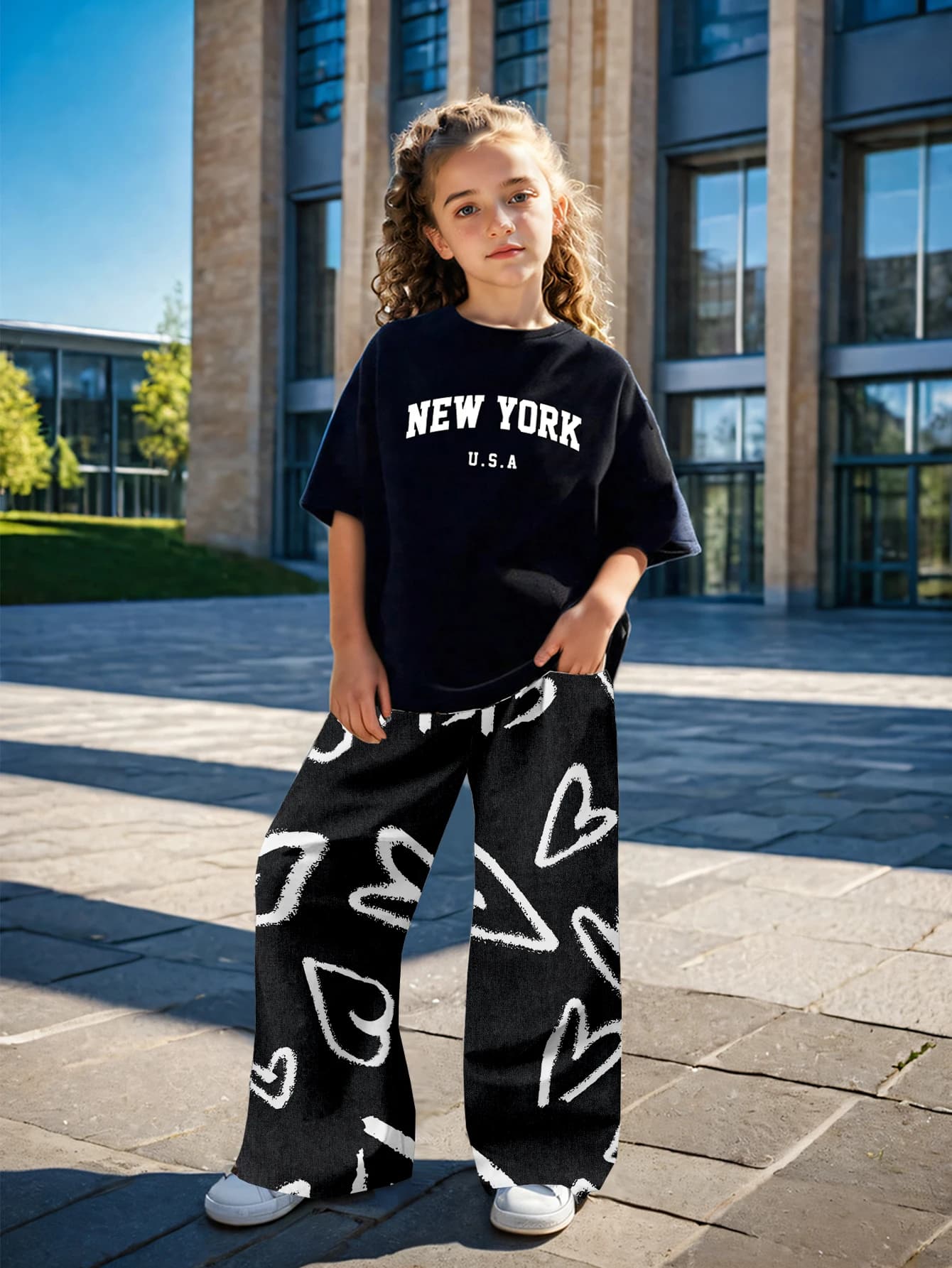 T-shirt a maniche corte con stampa "New York" in 2 pezzi per bambina e pantaloni a gamba larga con cuore graffiti, set casual estivo streetwear