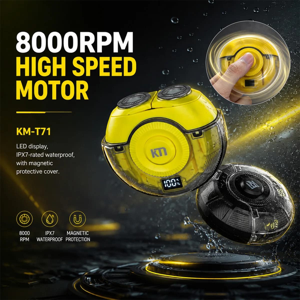 Kemei KM-T71 Mini Electric Shaver for Men 8000RPM 8W LED Display IPX7 Washable Professional Shaver Fidget Spinner Barber Shop