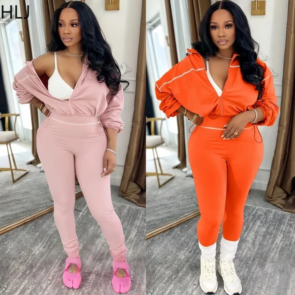 FAGADOER Spring New Fashion Woman 2 Piece Set Outfit Solid Color Long Sleeves Crop Top + Pants Matching Suit Female Streetwear