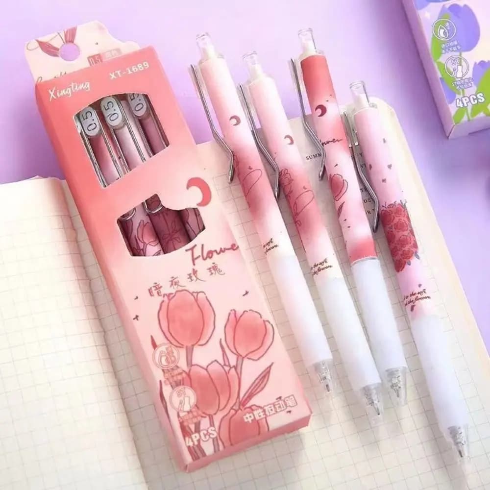 4PCS/Set Rose Gel Pens Mutil-styles Ball Point Pen Black Ink Signature Pen Writing Tool With Clip Creative Stationery