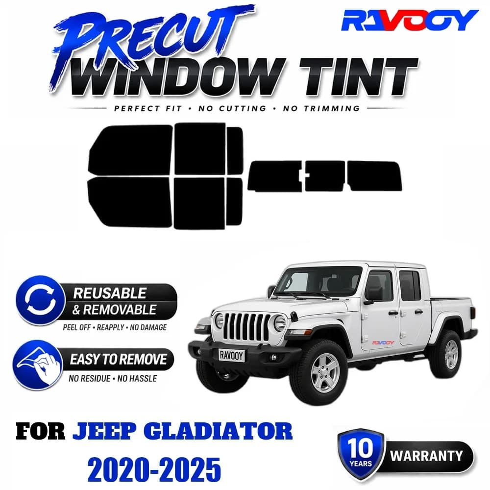 RAVOOY Precut Window Tint, Reusable Removable EPU Film, Custom Fit for Jeep Gladiator 2020-2025, UV Heat Protection