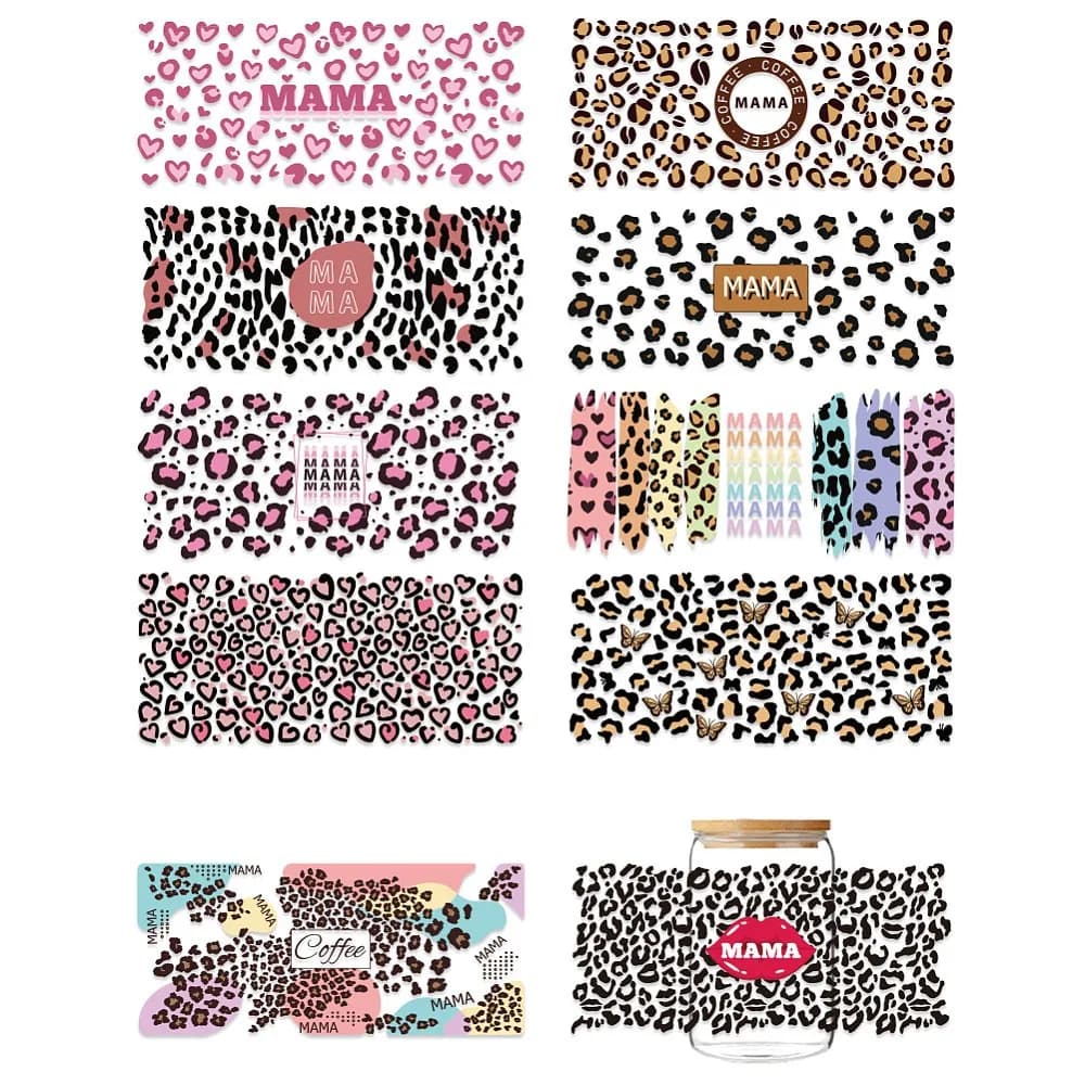 PVC DIY Heat Transfer Paper for UV Sublimation Cup Leopard 110x240mm 10 style 1pc/style 10pcs/set
