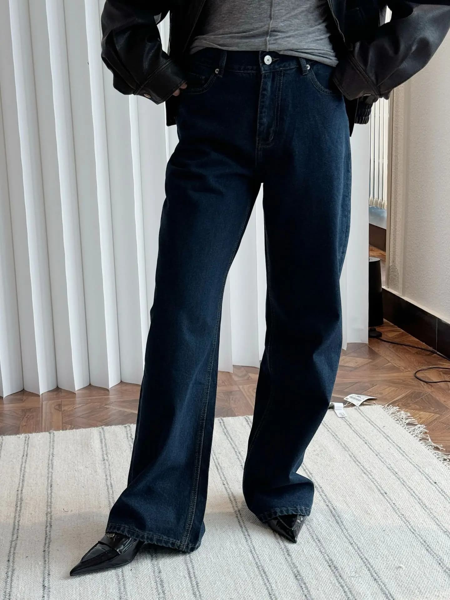 Jeans larghi a vita alta Casual tinta unita da donna autunno e inverno