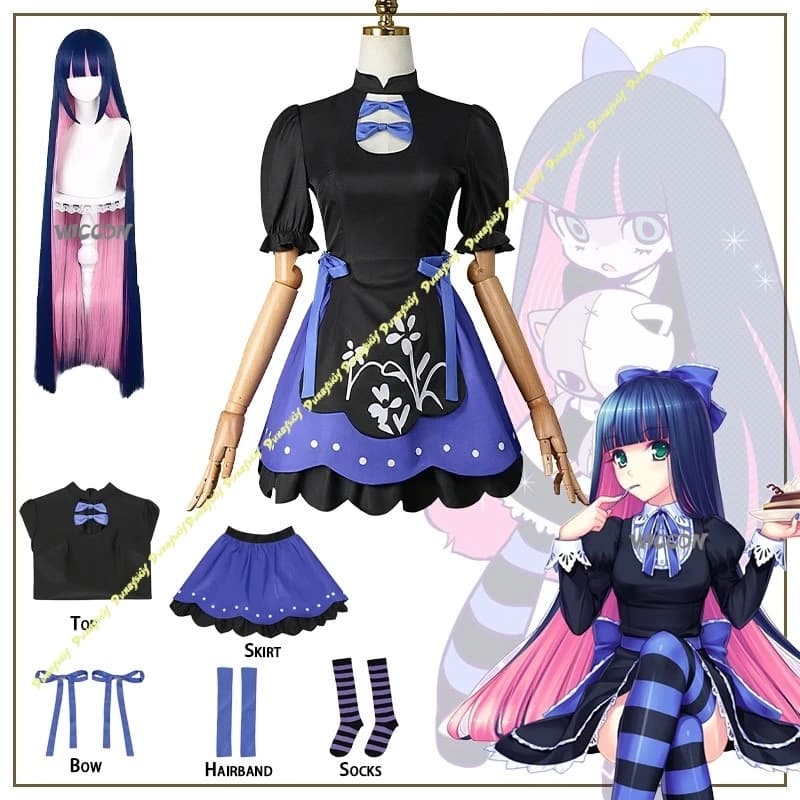Costumi Cosplay Mutandine e calze con reggicalze Parrucca per ragazze Abito Nero Blu Abito Grembiule Anarchia Accessori Natale Halloween