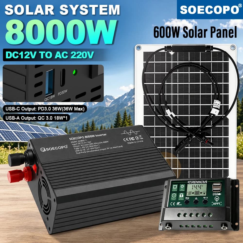 8000W Peak Solar Kit Portable Power Station With MPPT Controller + Stable Charge Inverter + 600W Panel DC12V AC220V For Farm Car