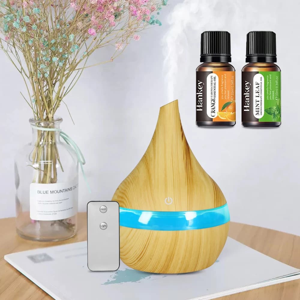 Umidificatore aromatico con funzione 5 in 1, diffusore di venature del legno chiaro da 300 ml, con 2 oli essenziali premium e telecomando, perfetto per i comodini