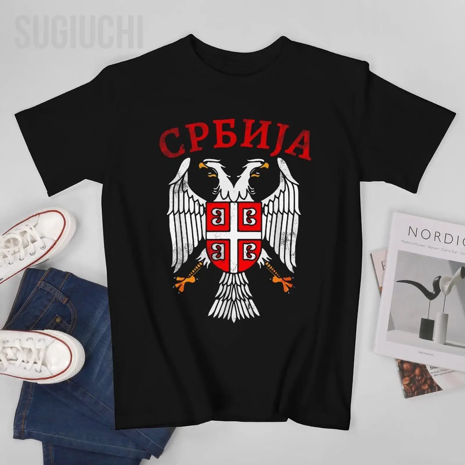 Unisex uomo Serbia Serb Coat of Arms Eagle Cross Flag Cyrillic Tshirt Tees o-collo T-shirt donna ragazzi 100% cotone T-shirt