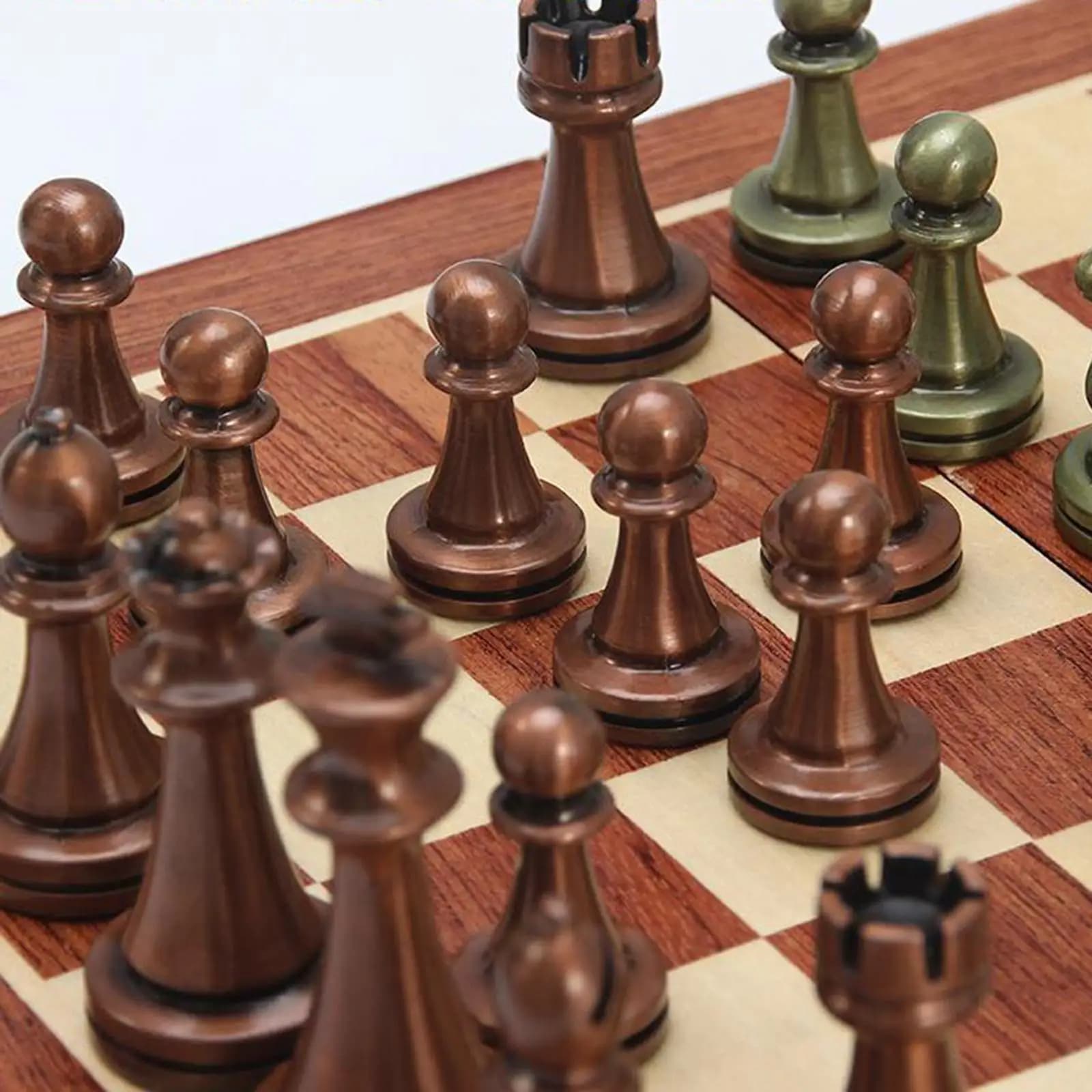 High Quality Folding Chess Set Wooden Board with Antique Metal Pieces Portable Storage for Adult Kids Beginner Play