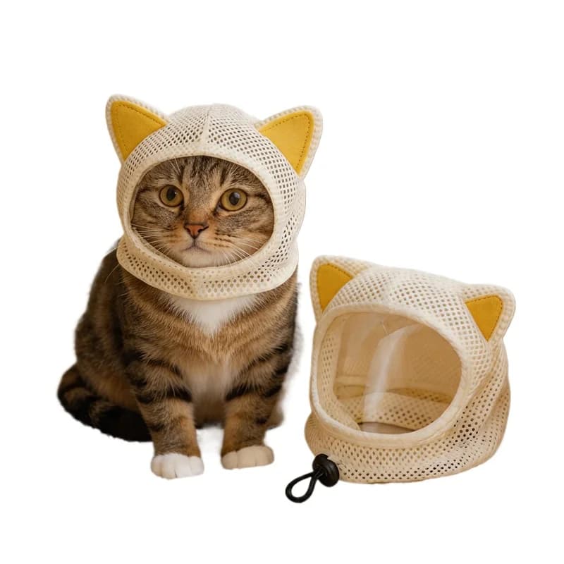 Maschera Traspirante Leggera per Gatti, Protezione da Graffi e Leccate, Accessorio per la Cura e la Toelettatura dei Gatti, Copricapo Trasparente in Tessuto