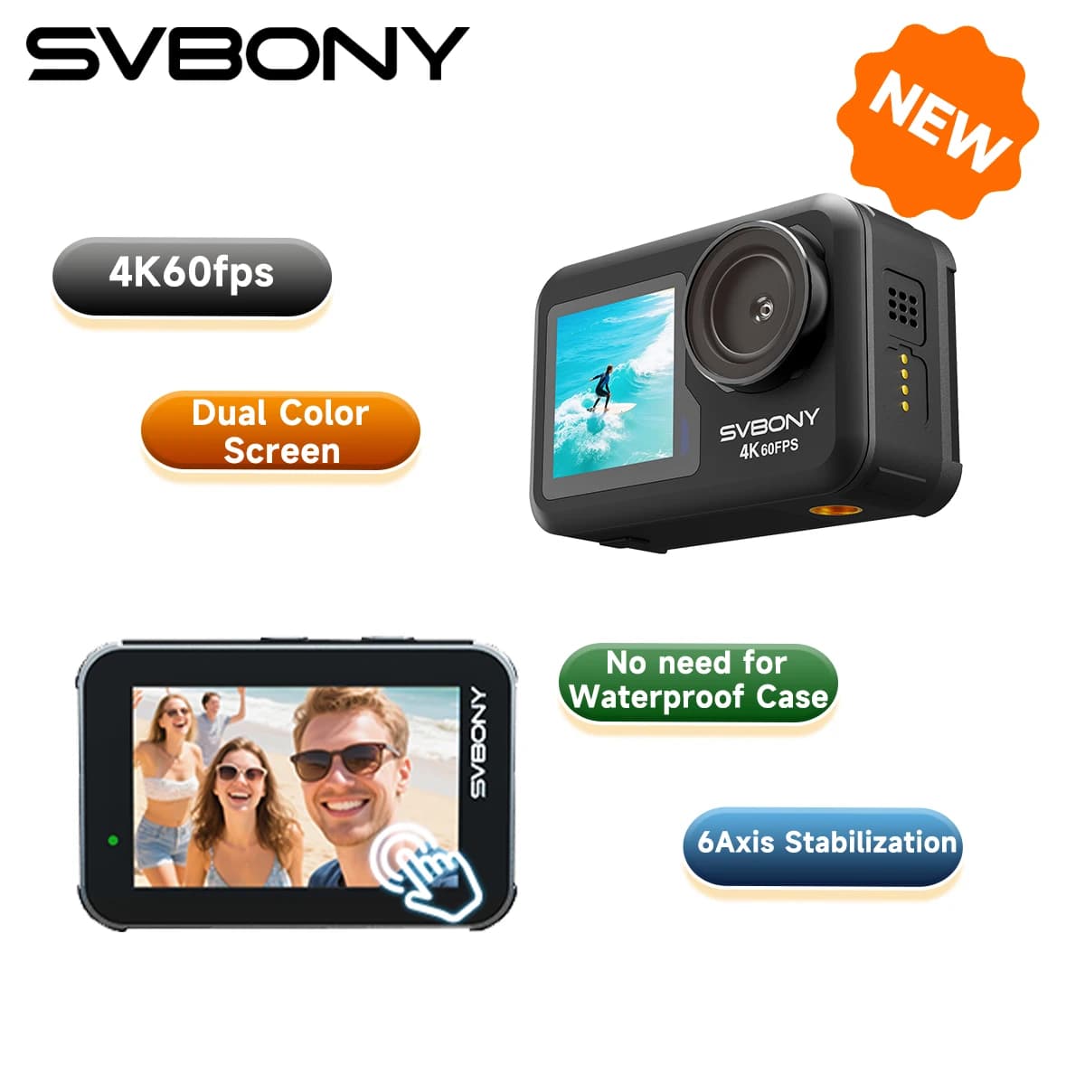 Svbony Act20 Telecamera d'azione impermeabile HD aggiornata IPX8 4K Doppio display Interfaccia magnetica EIS a 6 assi Viaggio Vlog Immersioni Ciclismo