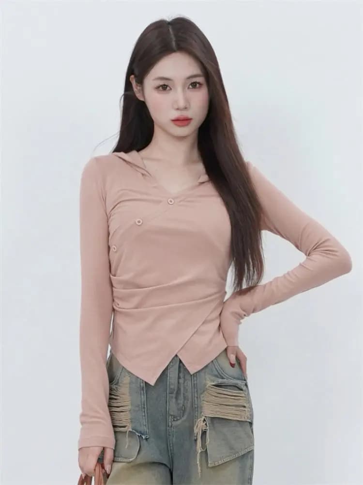 Spring Season Irregular Crossed Hoodie T-shirt Women's Beautiful Stylish Casual Long Sleeve V-neck High Waist Regular Fit