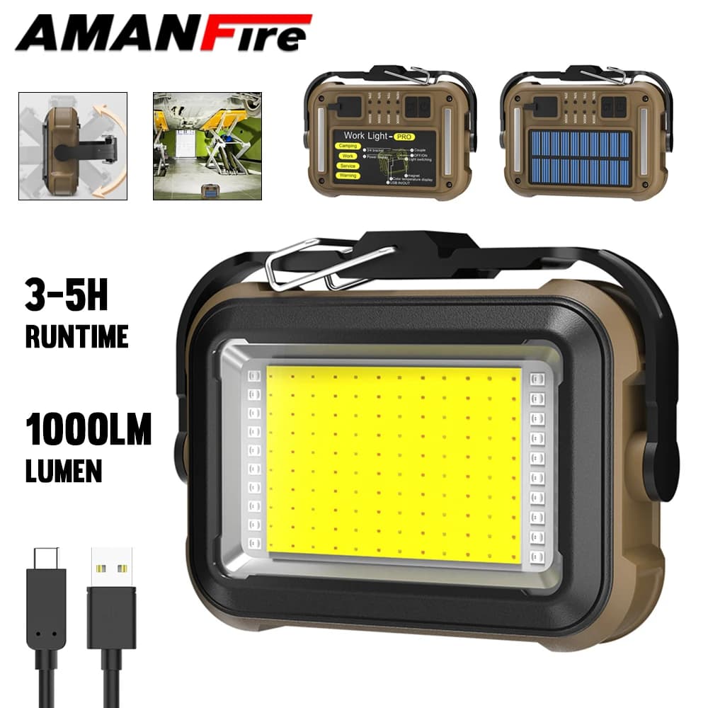Amanfire TZD-03 Work Light 1000LM Solar Energy Light Power Bank Powerful Lantern Magnetic Working Light with Handle and Hook