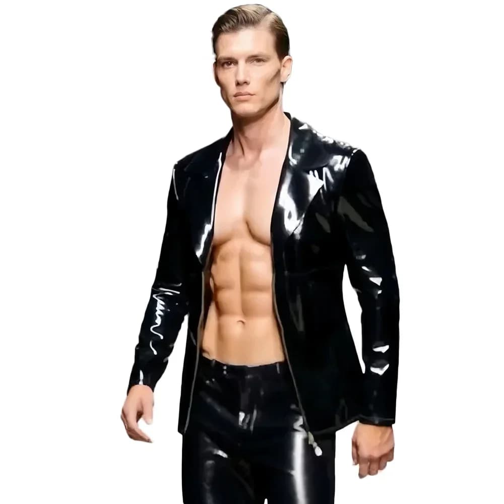 T-shirt a maniche lunghe da uomo in PVC lucido, in lattice, alla moda, a doppio strato, con busto aperto, elasticizzata, per discoteca, punk, danza
