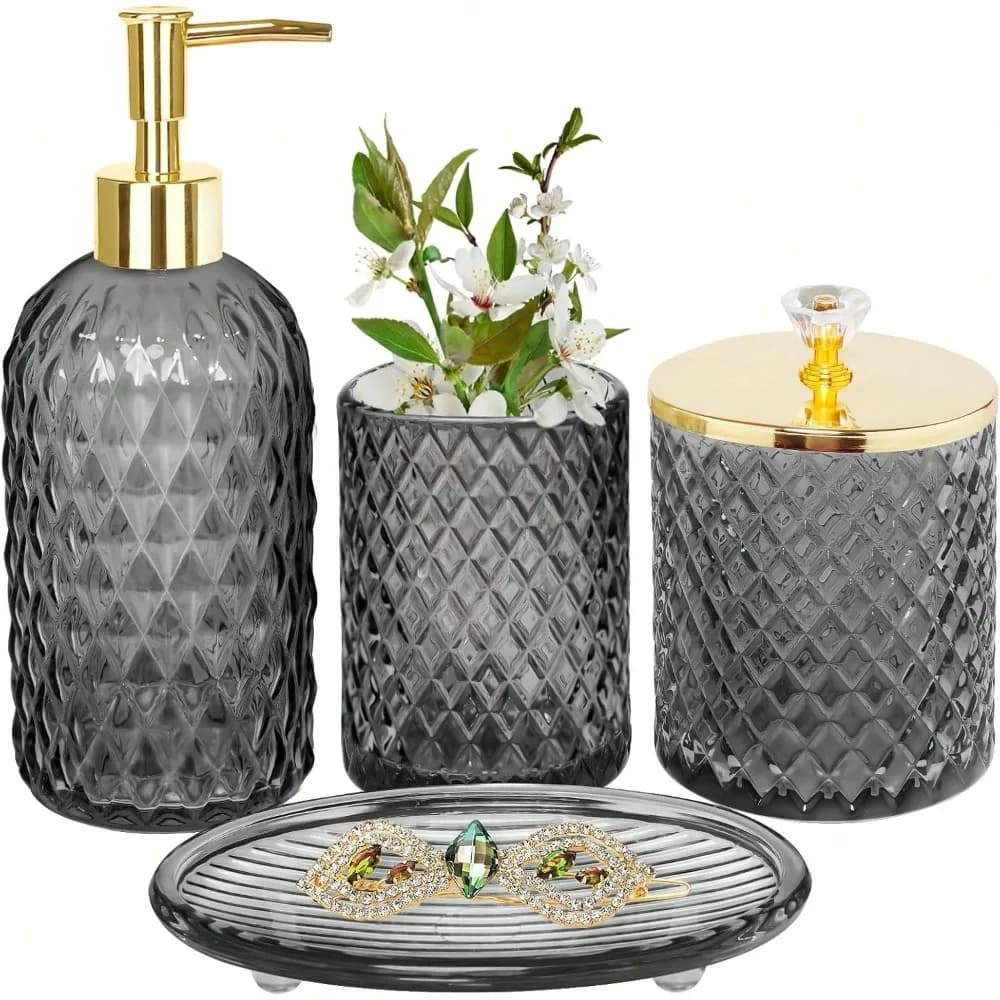 Set di Accessori per il Bagno, 4 Pezzi - Dispenser per Sapone Liquido, Portaspazzolini, Contenitore per Bastoncini di Cotone e Portasapone