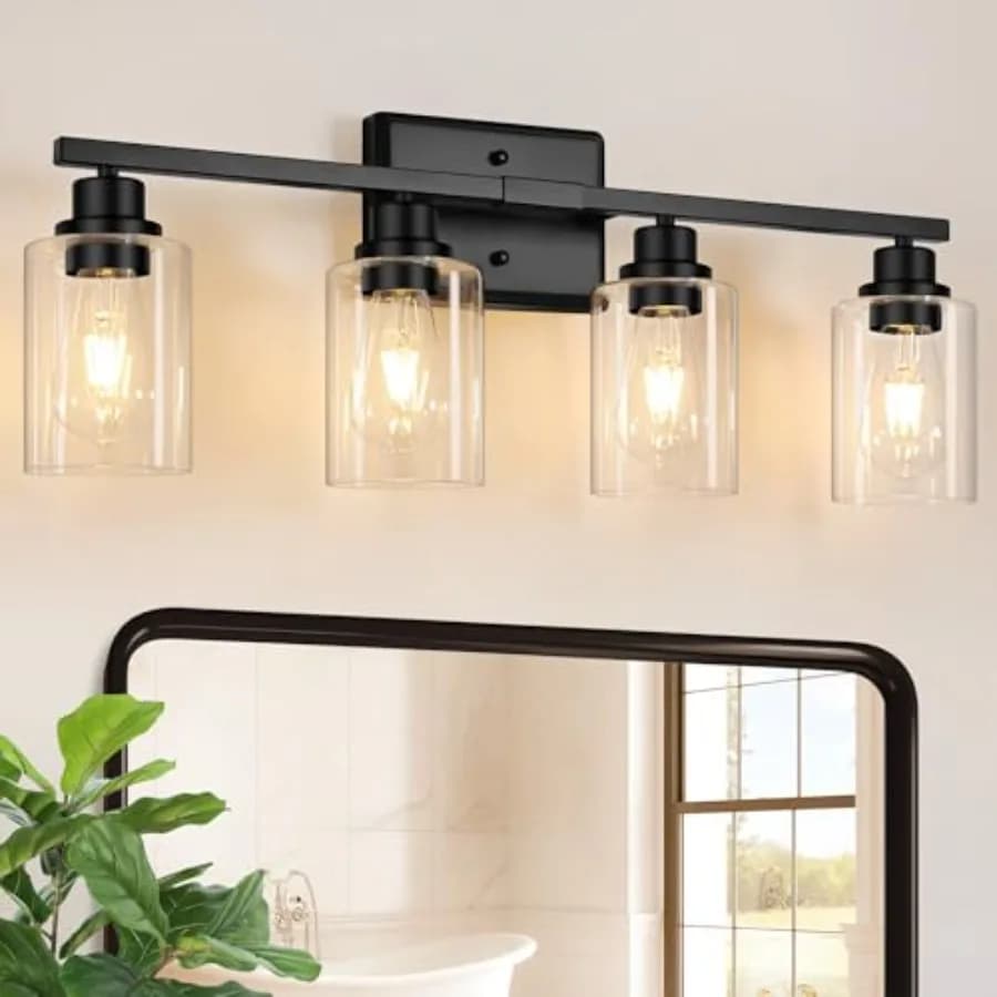 Unicozin Lampade da bagno moderne 4 luci da toeletta sopra lo specchio Lampada da parete nera con vetro trasparente per soggiorno Cabi