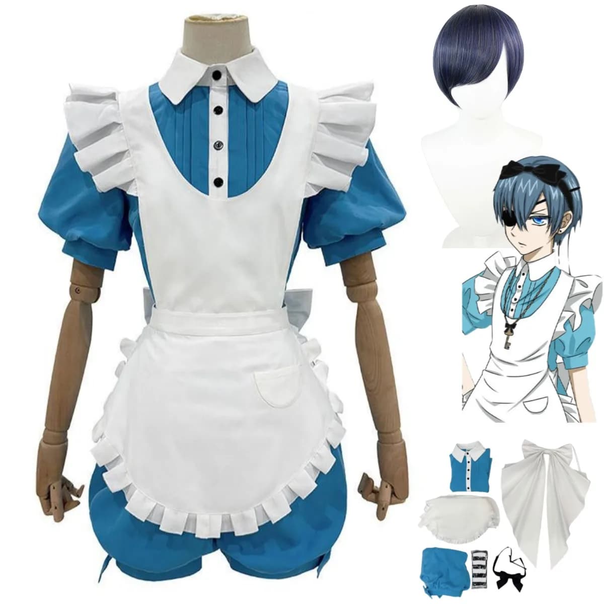 Anime Ciel Phantomhive Smile Cosplay Costume Kuroshitsuji Alice Cameriera Apron Dress Wig Woman Cute Christmas Dress