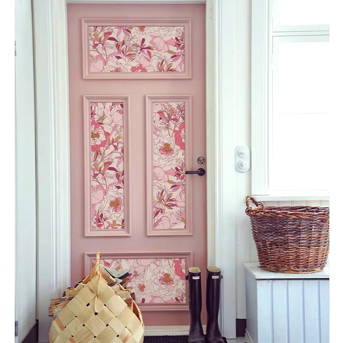 Nice self-adhesive wallpaper with pink flowers, waterproof, detachable and glue, vinyl wall decoration for girls' room, children's room