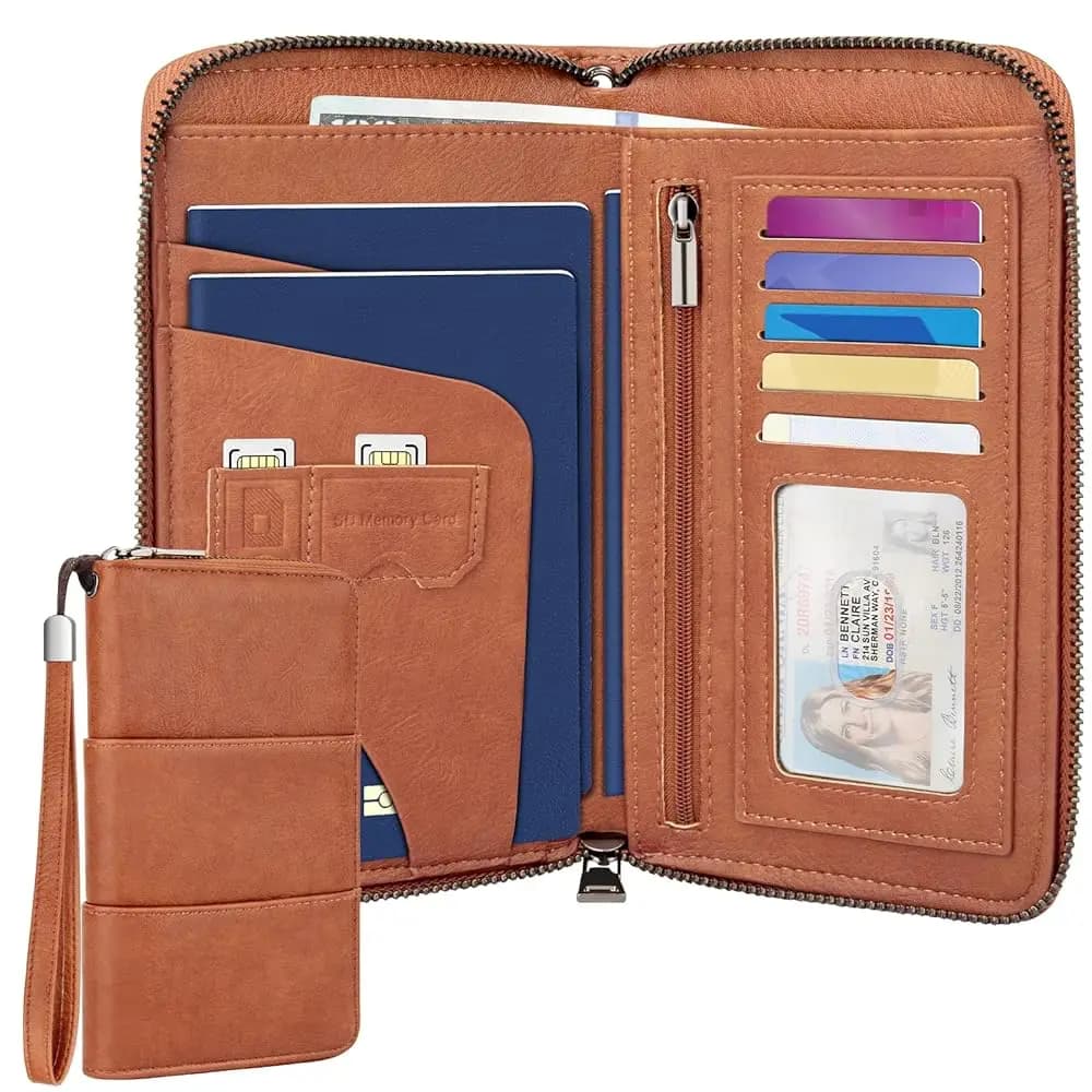 Portafoglio Porta Passaporti Familiare con Cerniera, Organizzatore Documenti da Viaggio con Blocco RFID, Porta Passaporto in Pelle PU per Donne e Uomini