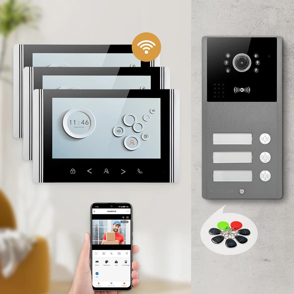 HOMSECUR 7" Tuya App HD WIFI Videocitofono Campanello Citofono Visione notturna per 3 famiglie
