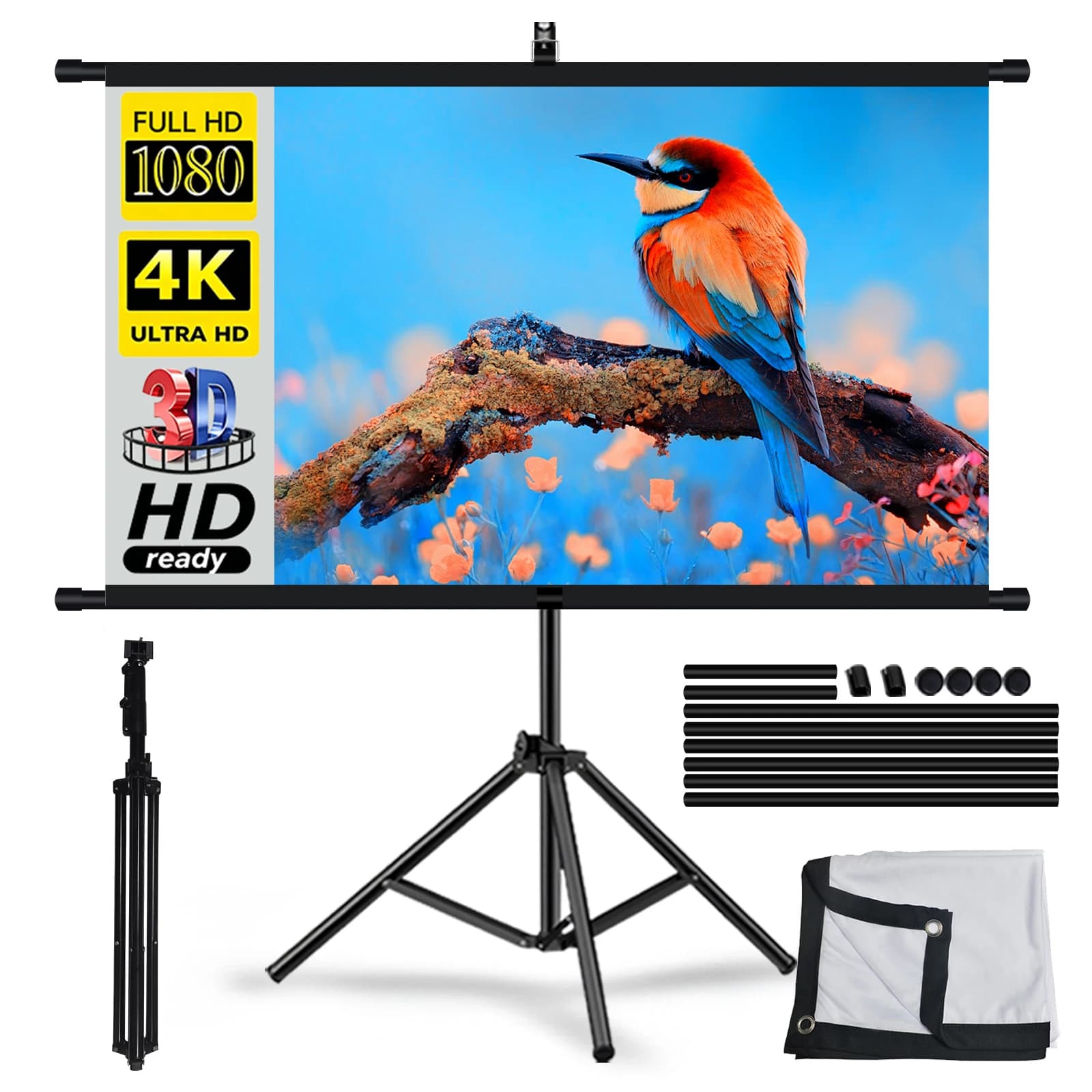Projector Screen With Stand Foldable White Less Creases 60 72 84 100 120 inch Soft Double Sided Screen Home Theater Outdoor