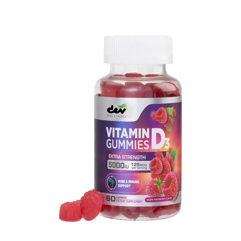 Gomme vitaminiche D3, supporto immunitario, integratori alimentari di vitamina D per ossa, denti e muscoli, gusto lampone