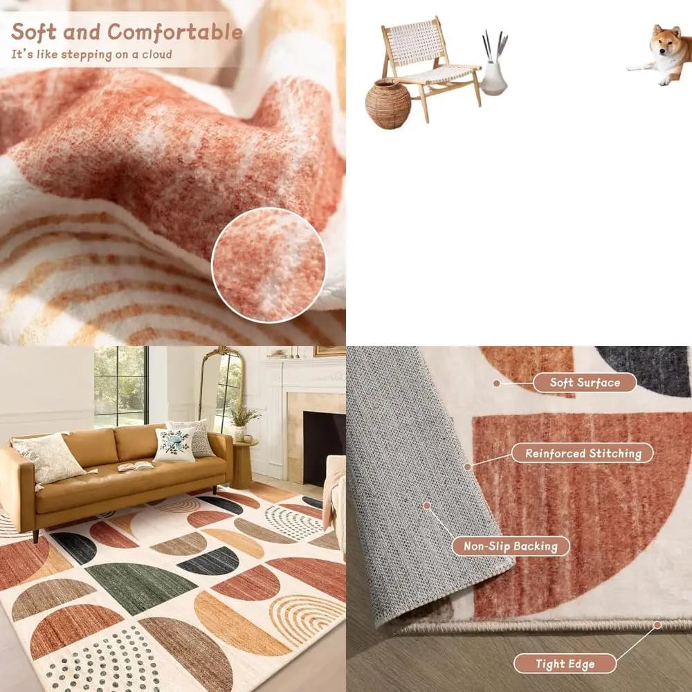Carpets Boho Washable 5x7, Soft Modern Carpets Abstract for Living Room, Bedroom, Dining Room, Non-slip Cover in Terracotta