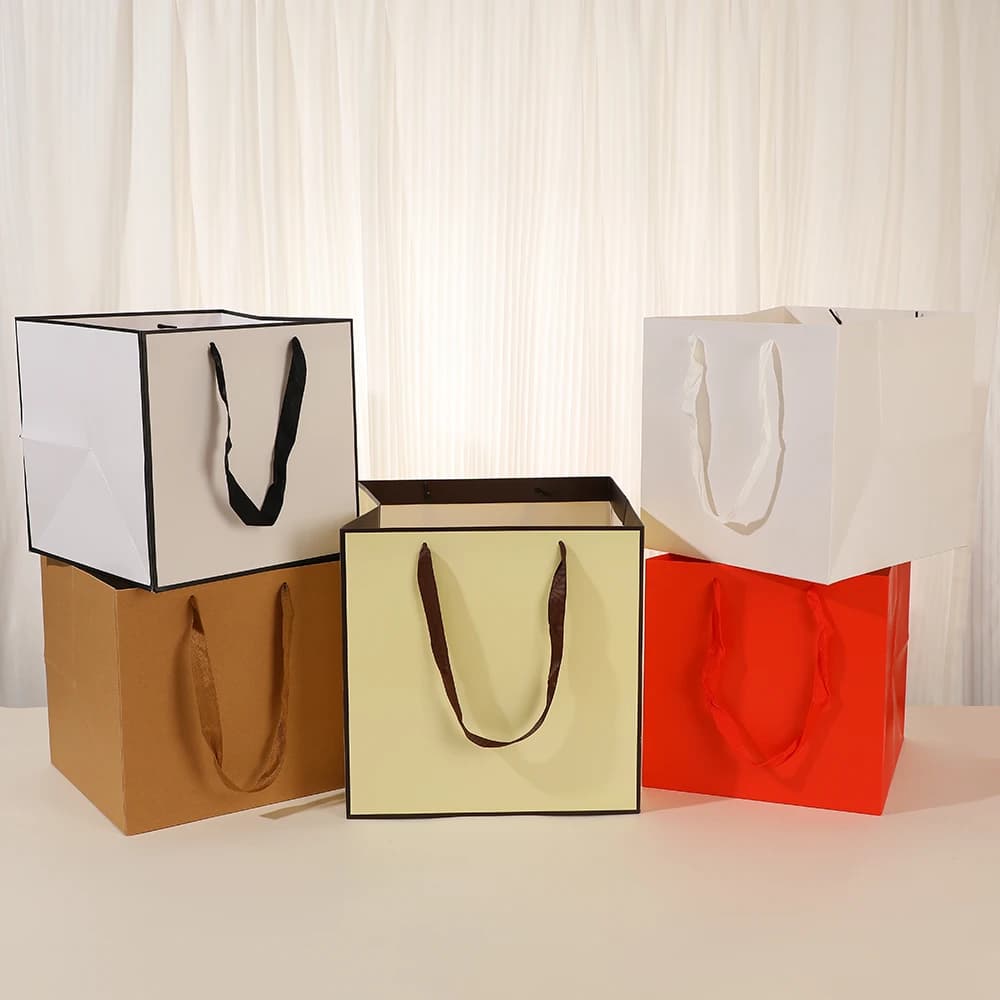 5pcs Square Gift Bag Kraft Paper Cardboard Bags With Rope Handle Large Packaging Box For Baking Toys Potted Plants Package