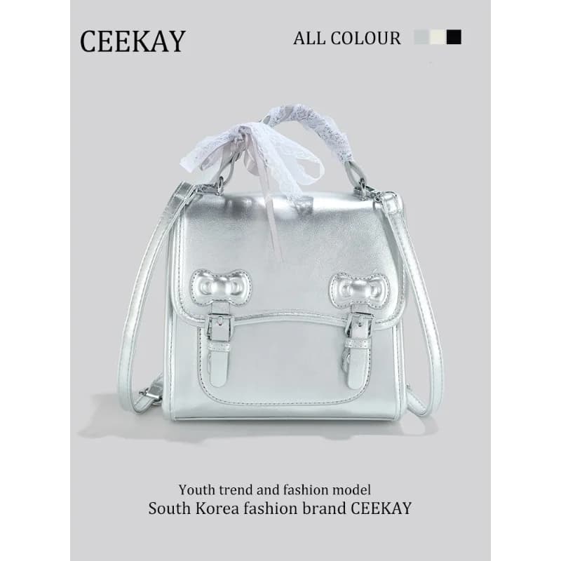 CEEKAY Elegante borsa in argento stile college, borsa Cambridge con nastro in pizzo, perfetta per l'uso quotidiano e per gli appuntamenti, borsa per donna, grazioso zaino