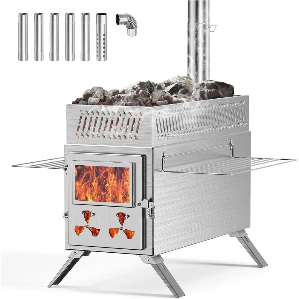 Portable outdoor wood stove with fireplace for heating and sauna experience