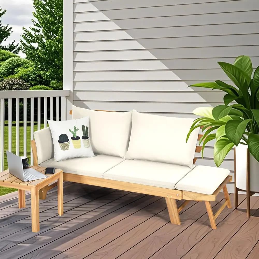 Divano letto convertibile da esterno, chaise longue in legno di acacia con braccioli regolabili, cuscini e guanciali, lettino da giorno per esterni