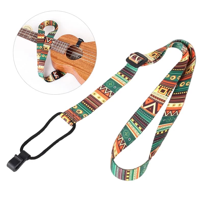 Tracolla per ukulele in stile etnico Nastro di stampa regolabile durevole Gancio in plastica Clip-on Accessori per strumenti per cintura per chitarra Hawaii