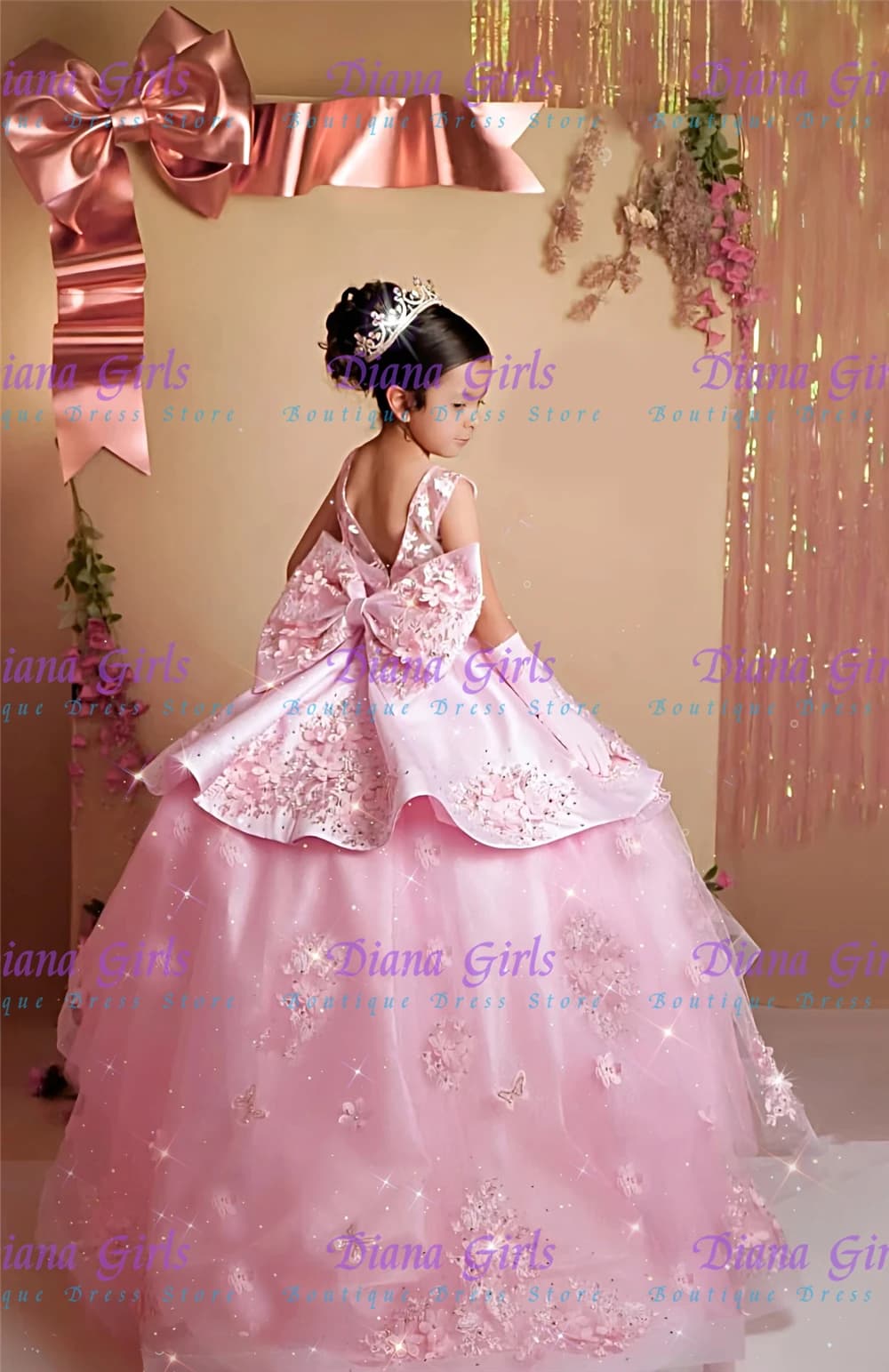 Squisito raso rosa con tulle soffice abito da ragazza di fiori applique in pizzo con fiocco abiti da sera da ballo per festa di nozze della piccola principessa