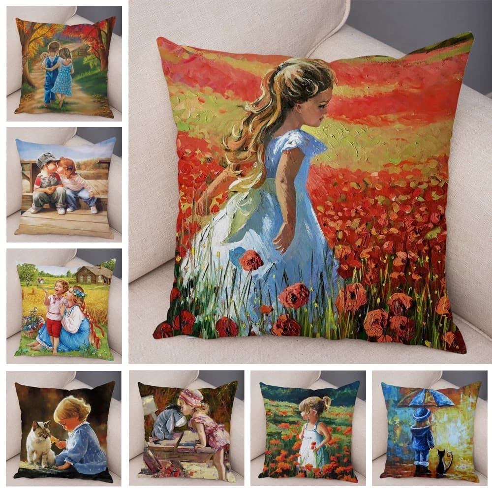 Simpatico cartone animato per bambini fodera per cuscino Decor Harajuku pittura a olio federa da donna per divano casa morbida peluche federa per cuscino