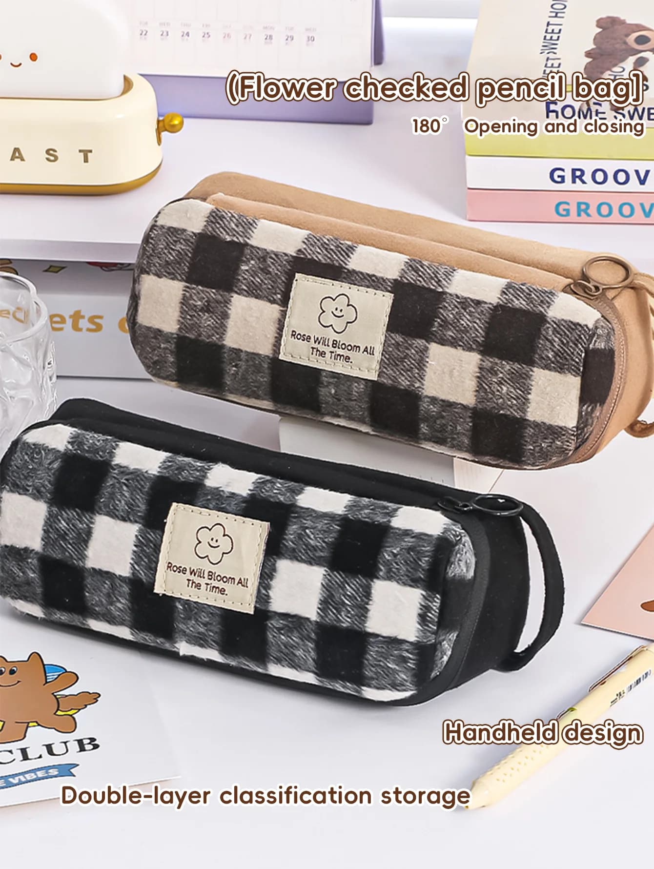 Astuccio per matite a quadretti in peluche stile college coreano, organizer di grande capacità a doppio strato, materiale scolastico durevole, regalo per gli studenti