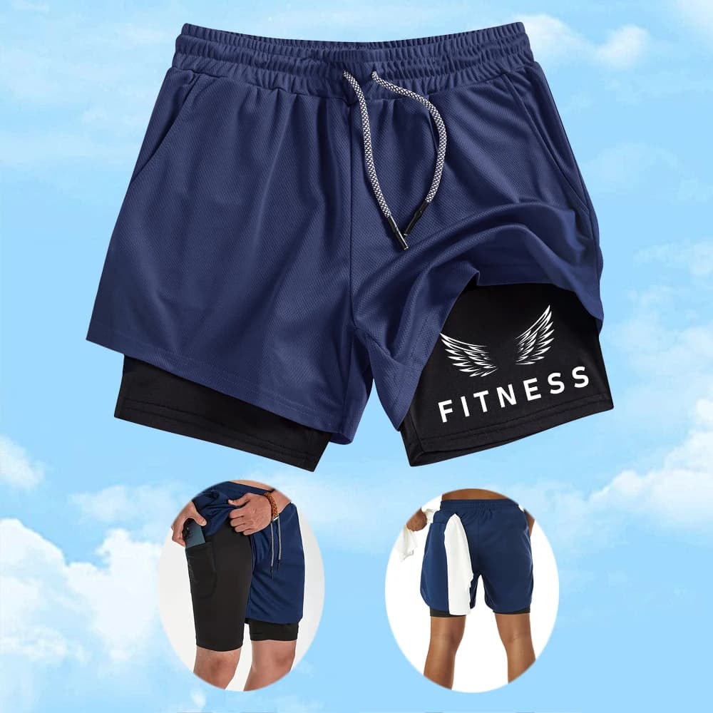 Men's Quick Drying Double Layer Fitness Shorts With Wings Fitness Text Print Casual Beach Shorts Outdoor Fitness Running Shorts