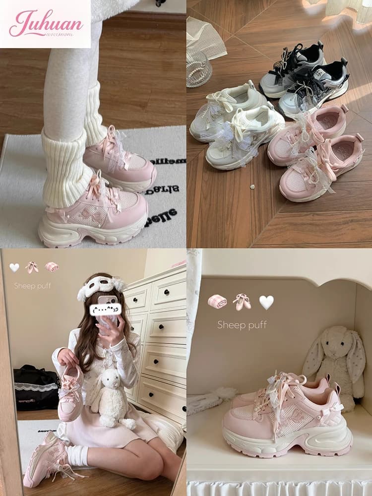Kawaii originale lolita innamorato fiocco perla lo run sneakers casual ragazza estate traspirante comode sneakers in rete studente