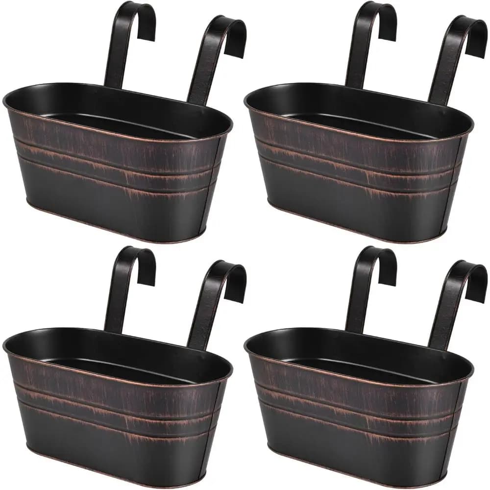 4 Pack Metal Hanging Lower Pots Iron Railing Planter Outdoor Hanging Pots Bucket Plant Holder with Detachable Hooks Drain Holes