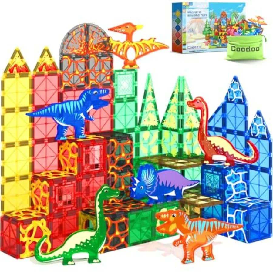 Set di 102 Pezzi Giocattoli Dinosauri Magnetici con 8 Dinosauri - Scene Giurassiche, Set Avventura nel Mondo dei Dinosauri, Blocchi Magnetici per Bambini