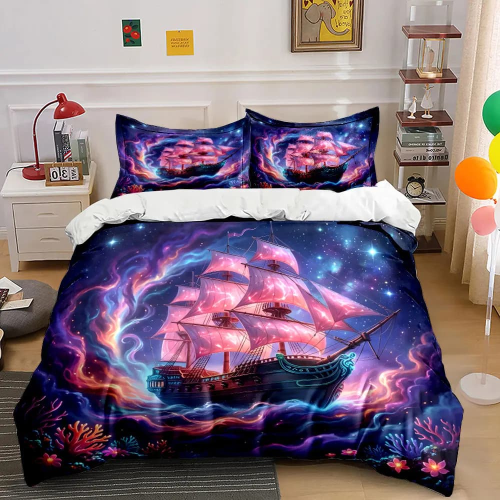 Set di biancheria da letto con stampa di navi da sogno con vela rosa, morbido e confortevole, include 1 copripiumino e 2 federe.